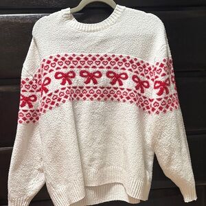 Hollister Cozy White and Red Sweater with Bow Pattern